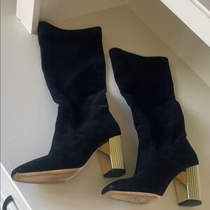 Michael Kors Black Suede Heeled Boots with Gold Accents
